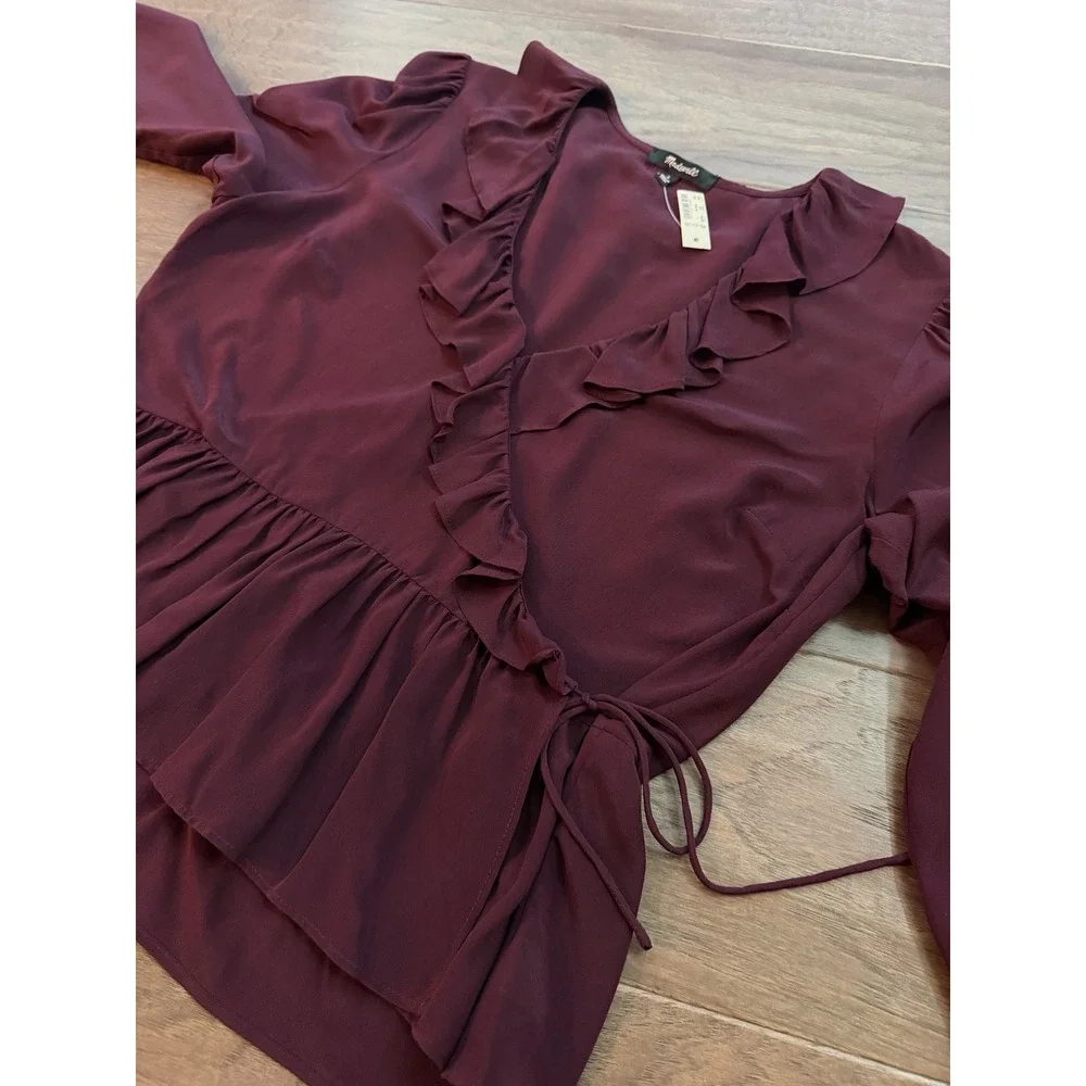 NWT Madewell Silk Ruffle Wrap Top Cabernet Burgundy Peplum Blouse K0209 Womens L
